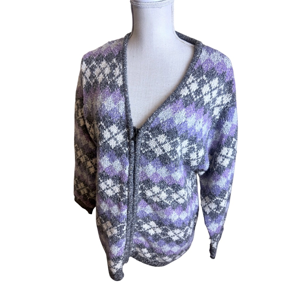 St Johns Bay Argyle Zip Up Cardigan Sweater Purple Grey sz L Grandmacore Vtg 90s